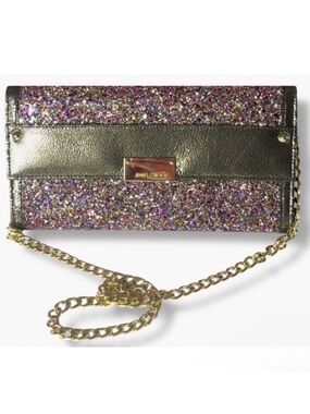 Authentic Jimmy Choo Reese Glitter Clutch Metallic Leather Bag Gold Chain Italy